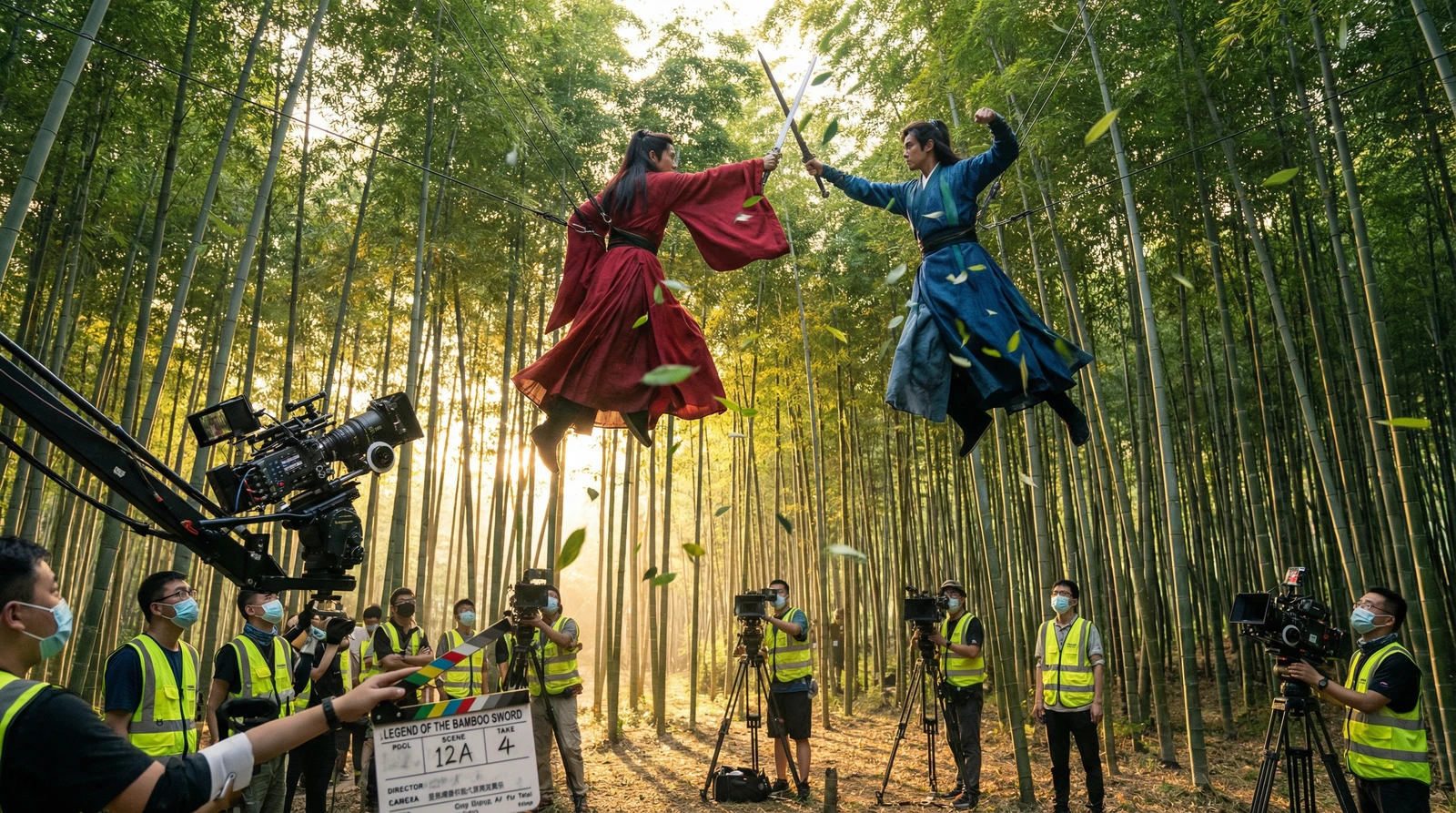 糖心vlog武侠动作片竹林对决拍摄现场